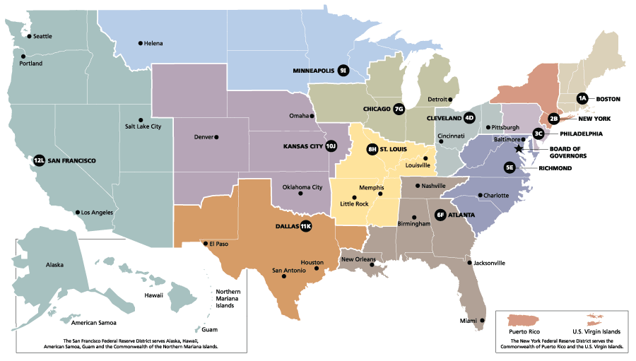 A map of the United States with a breakout of the 12 Federal Reserve Districts.