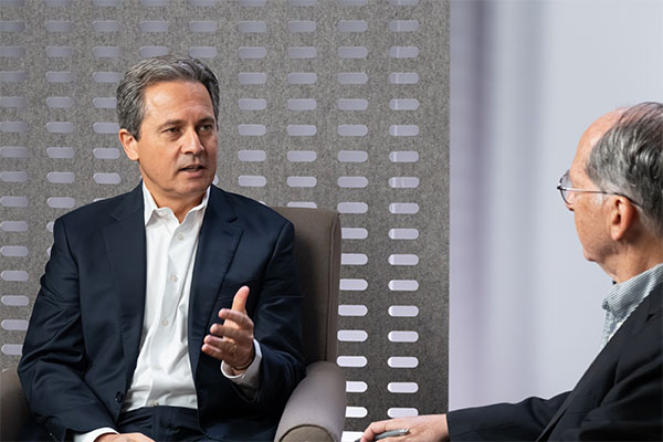 Alberto Musalem speaks to Mark Sobel in a recording studio.