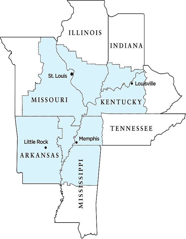 Map shows Eighth Federal Reserve District geographic area and counties: all of Arkansas; eastern Missouri; southern Indiana; southern Illinois; western Kentucky; western Tennessee; and northern Mississippi.