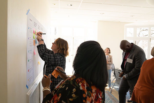 A woman writes on a Post-it note stuck to a large paper wall poster while others look on.