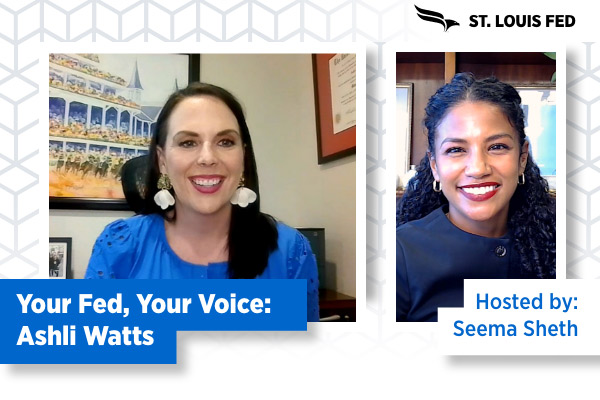 Two framed images of smiling women in business attire smiling with right-side text banner 'Your Fed, Your Voice' and left-side text banner 'Hosted by Seema Sheth.'