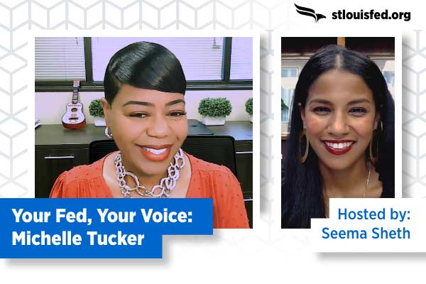 On the left: one framed image of a smiling woman in an office with a text-banner below reading 'Your Fed, Your Voice'; on the right: one framed image of a woman smiling with a text banner reading 'Hosted by Seema Sheth.'