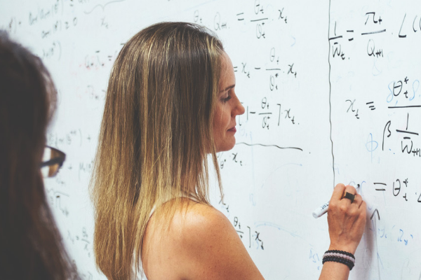 Two economists discuss a model, writing on a whiteboard.